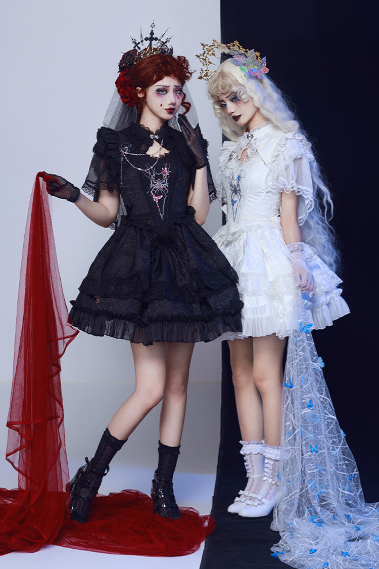 Sleeveless Gothic Lace Skirt Set with Spider Bow