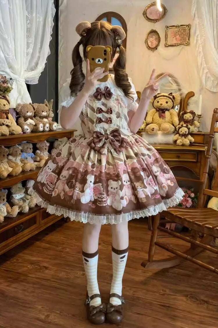 Sleeveless Lace Bow Print Strap Dress in 2 Shades - Chocolate Brownie