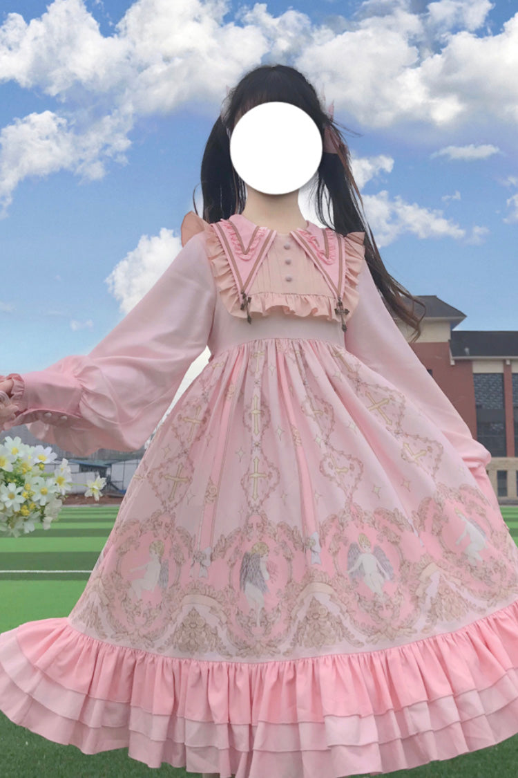 Angel Print Long Sleeve Sweet Lolita Dress with Bow and Ruffles