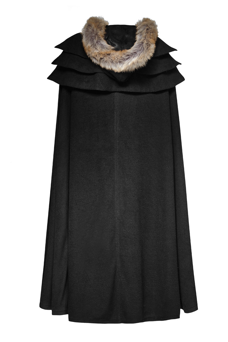 Men's Gothic Coat Cloak with Hooded Fur Collar Wool Long Design