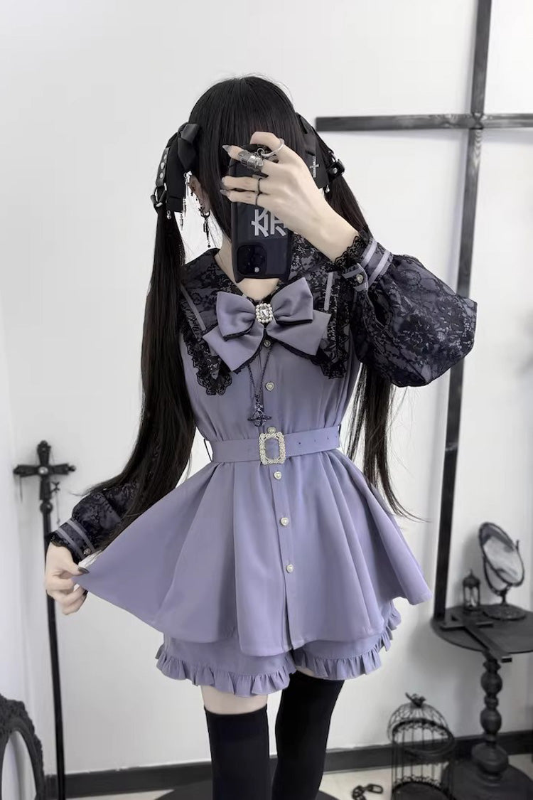 Lapel Collar Long-Sleeve Printed Ruffled Japanese Dress with Shorts in 4 Colors - Confession Fantasy