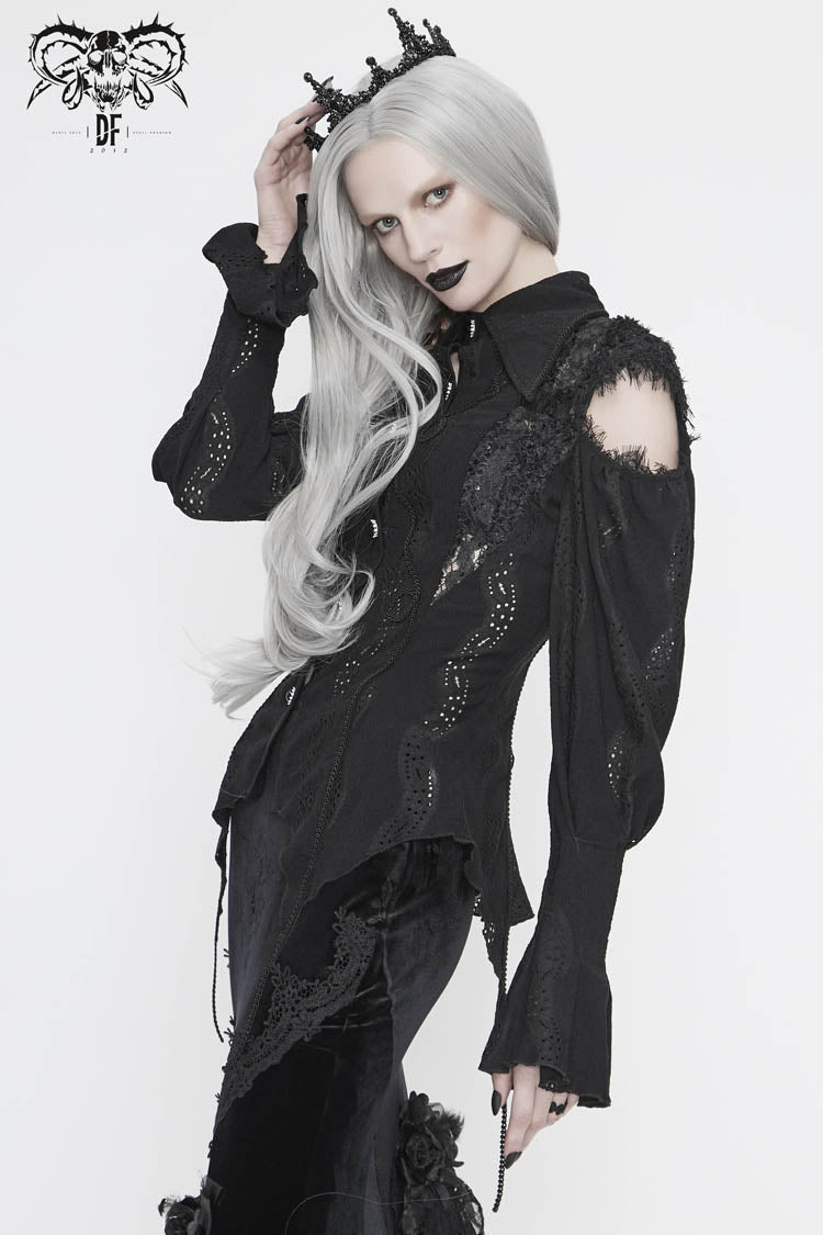 Women's Gothic Blouse in Black with Webbing Appliques, Lantern Sleeves & Back Lace-Up