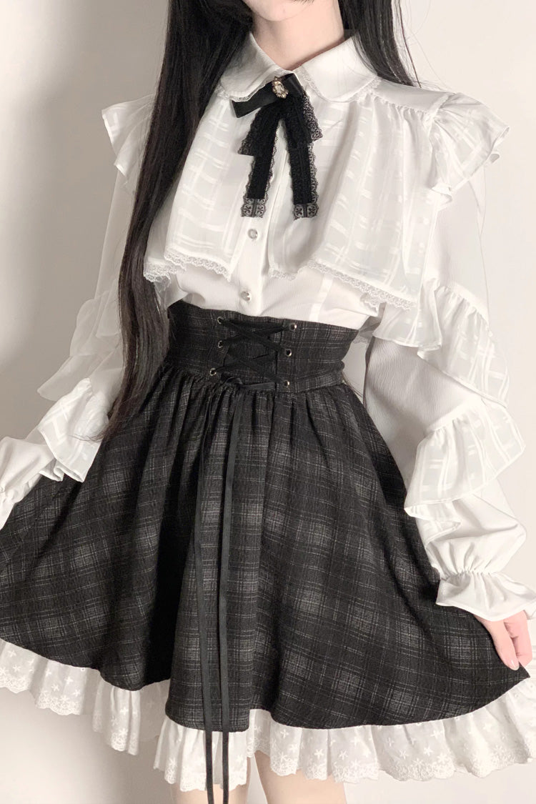 Monochrome Plaid Lace-Up Sweet Jirai Kei Skirt Set