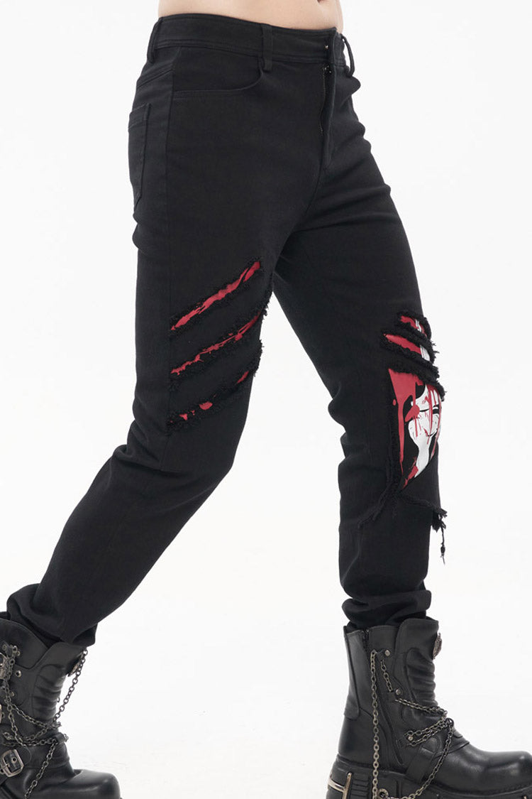 Ripped Leg-Bone Print Punk Trousers in Twill