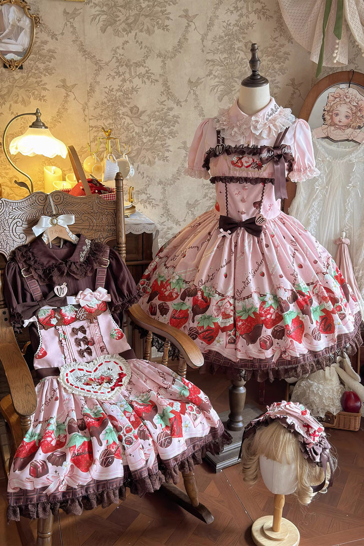 Rose Sleeveless Embroidered Bow Lace Lolita Strap Dress - Strawberry Chocolate Lover