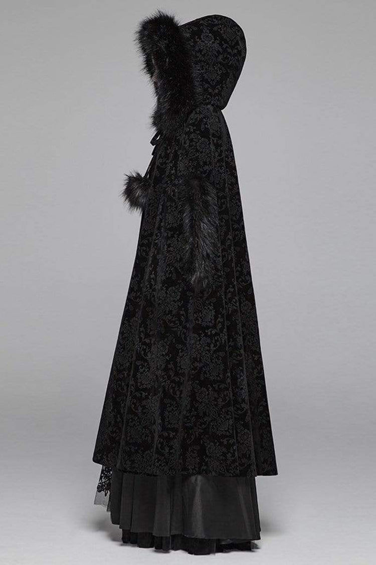 Gothic Fur Hood Fuzzy Ball Bandage Long Cloak for Women