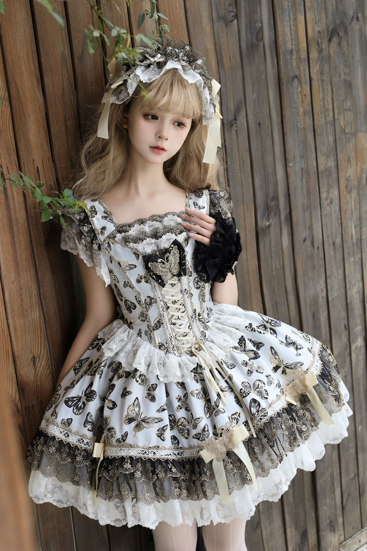 Golden Spirit Butterfly Print Sleeveless Ruffle Lace-Up JSK Dress Set