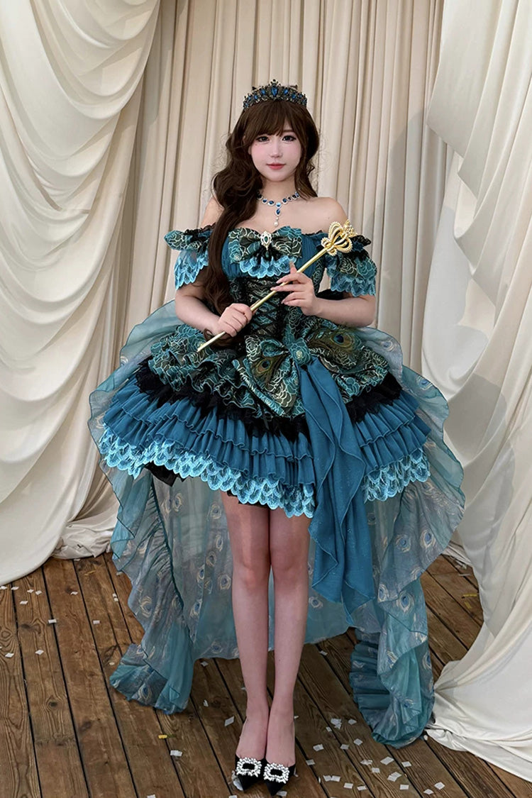 Peacock Spirit Princess Multi-Layered Ruffled Bow Lace-Up Classic JSK