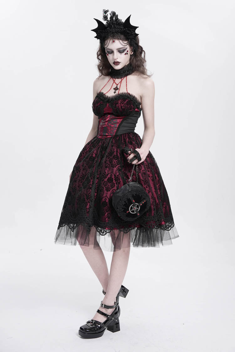 Crimson Halterneck Skeleton Print Embroidered Stitching Lace Gothic Gown
