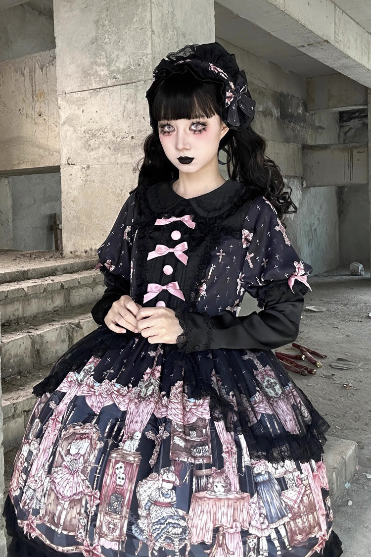 Ruffled Lace Dress with Bowknot and Missing Lamb Print