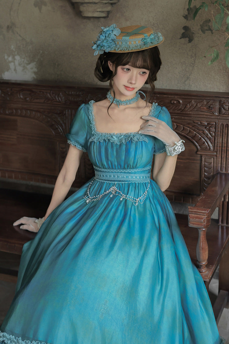 Water Lily Square Collar Ruffled Lace-Up Royal Lolita Dress