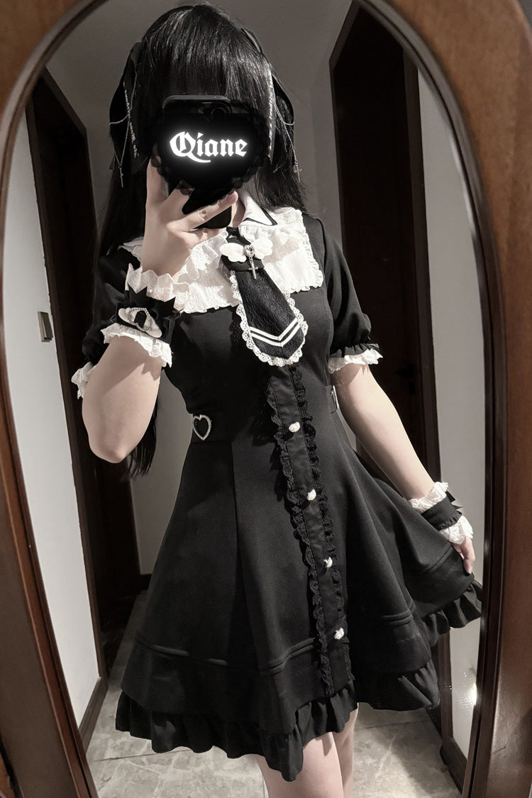 Black Short Sleeve Ruffled Bow Stitching Lace Gothic Plus Size Jirai Kei Dress