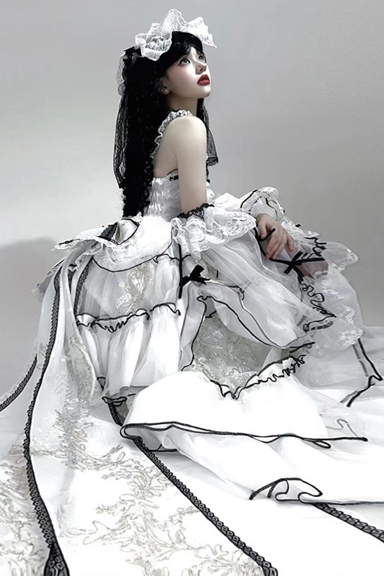 Cascade Poem Sleeveless Multi-Layered Ruffled Hanayome Bow Lace Gothic Plus Size Gorgeous Lolita JSK Long Dress - White