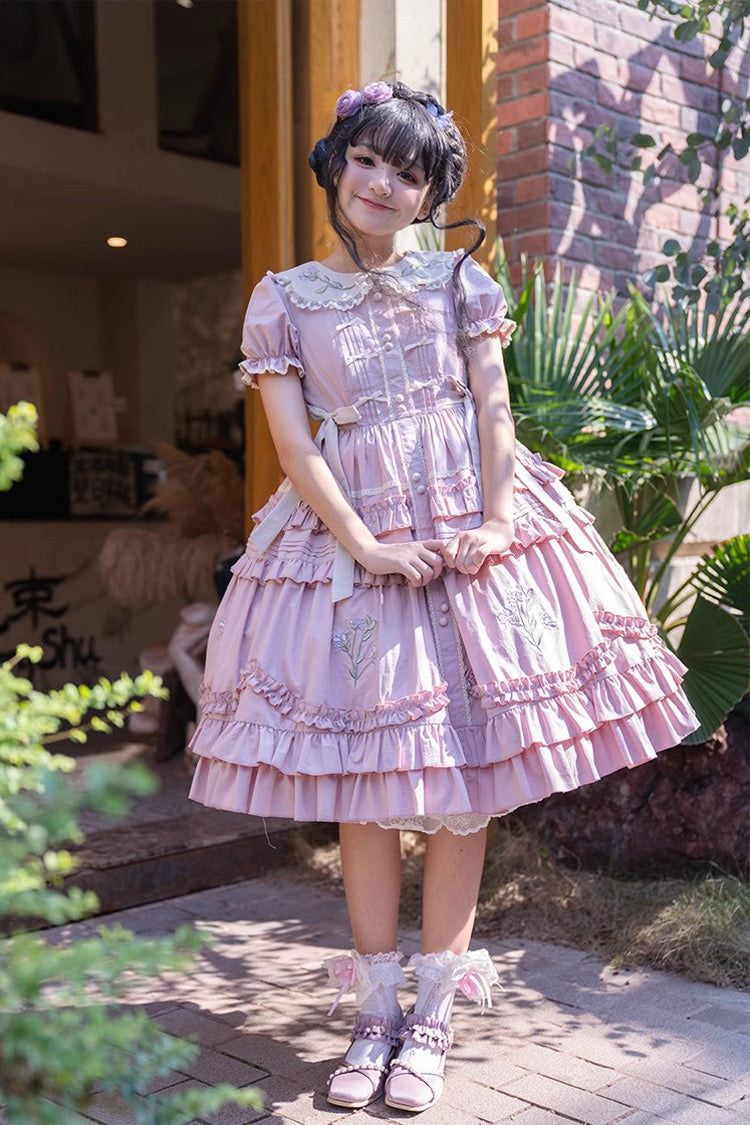 Pink Doll Collar Dress with Iris Embroidery - Sweet