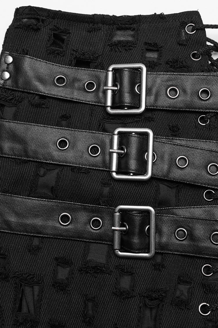 Steampunk Skirt with Cross-Taped Stitching, Lace-Up & Ripped Cutout Details