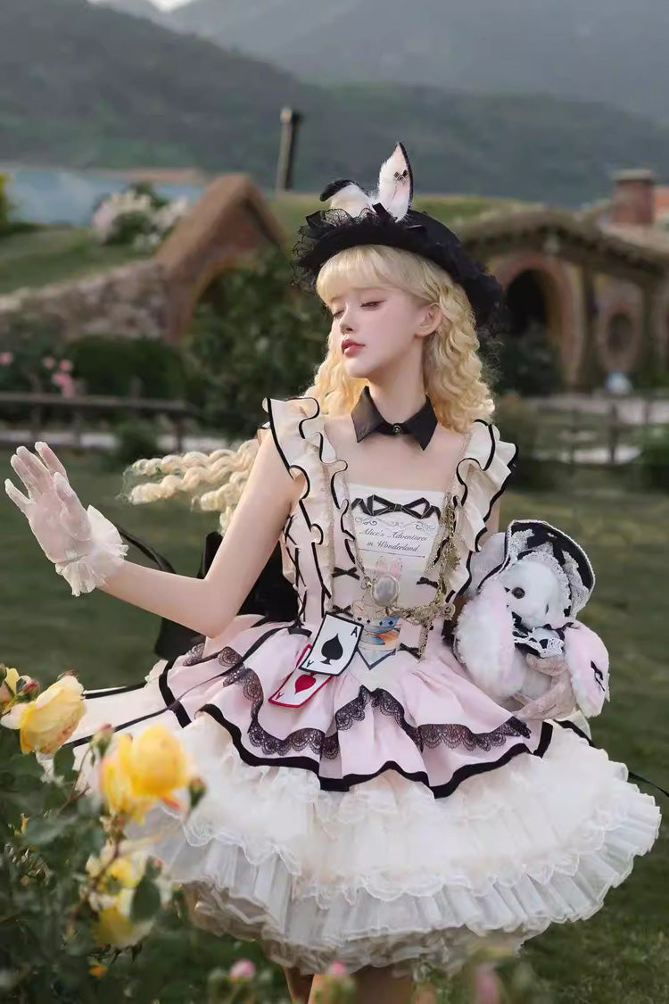 Square Collar Sleeveless Multi-Layered Ruffled Bow Lace Sweet Lolita Jsk Dress - Binky Bunny Magic