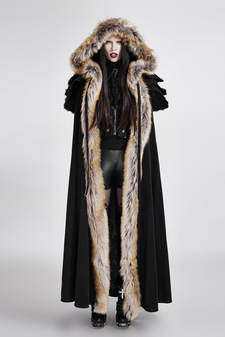 Women's Gothic Coat Cloak with Hooded Fur Collar Wool Long Design