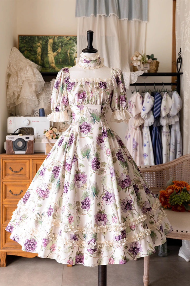 Botanical Print Ruffle-Trim Lace Summer Lolita Gown in Six Shades - Forest Basket