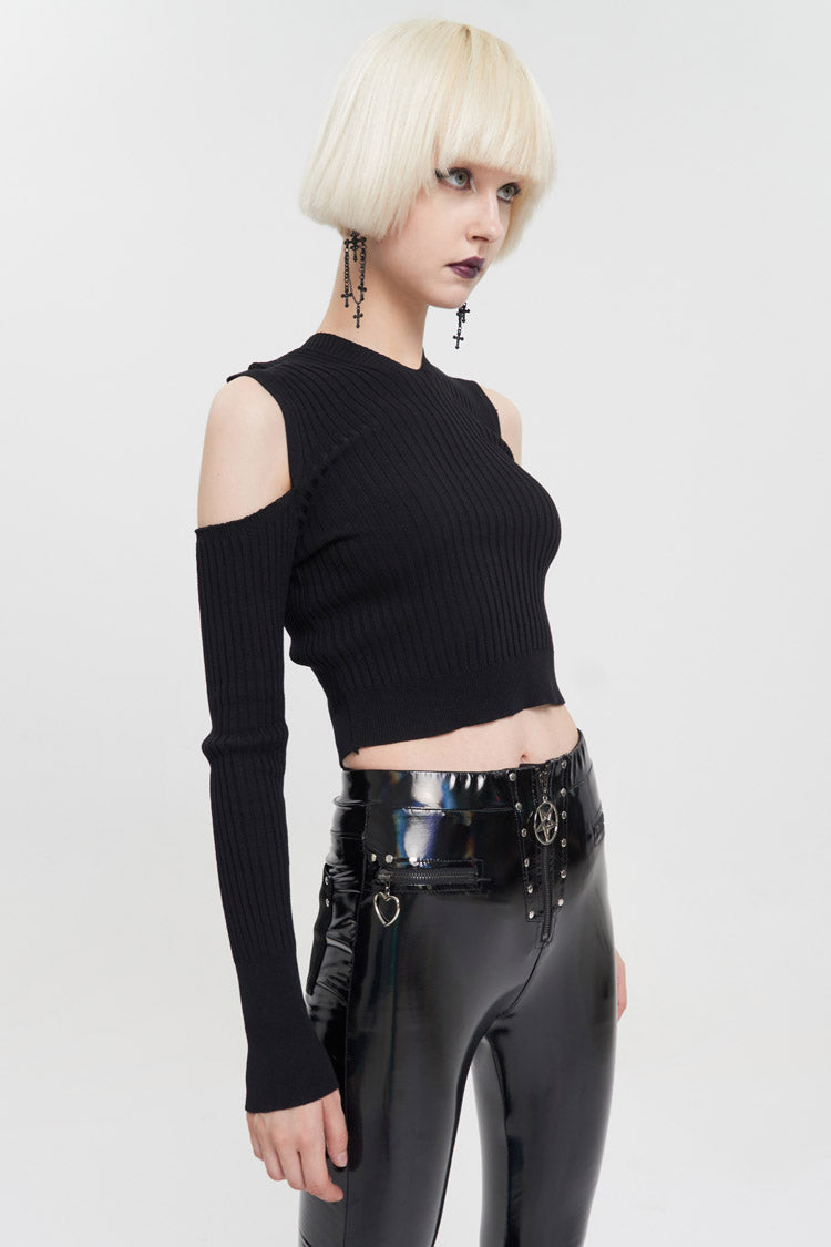 Women's Punk Wool Knit Long Sleeve Sweater with Hooded Off-The-Shoulder Back Cutout Rope String Upside Down Pentagram