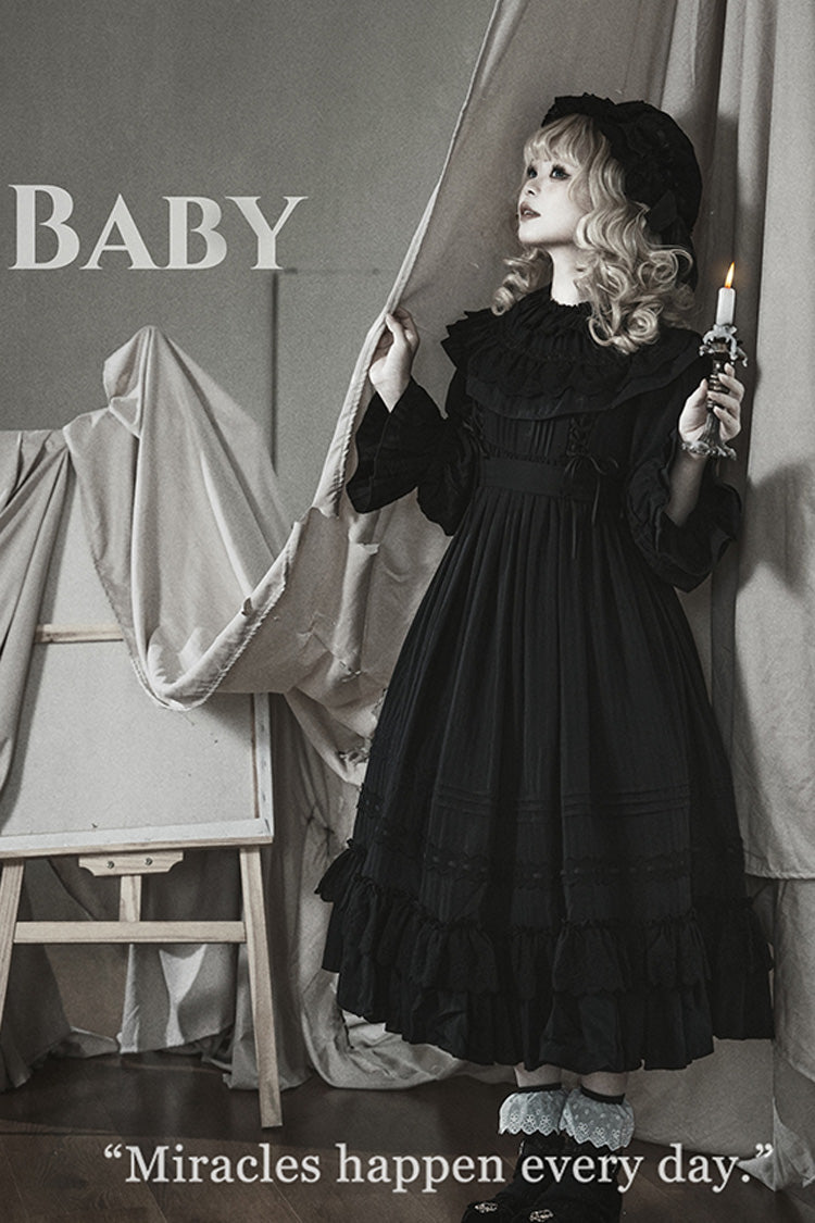 Black Good Night Long Sleeve Double-Layered Ruffle Bowknot Holy Dress