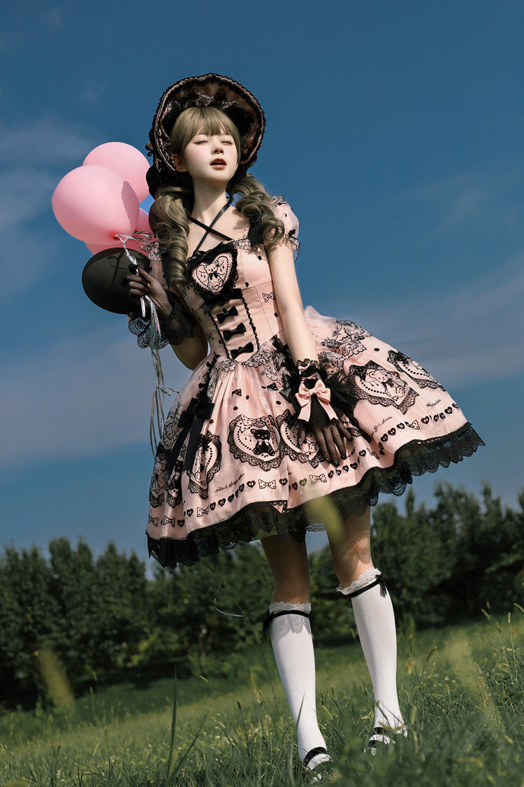 Blush Square Collar Embroidered Bow Lolita Dress with Train - Sugar Bear
