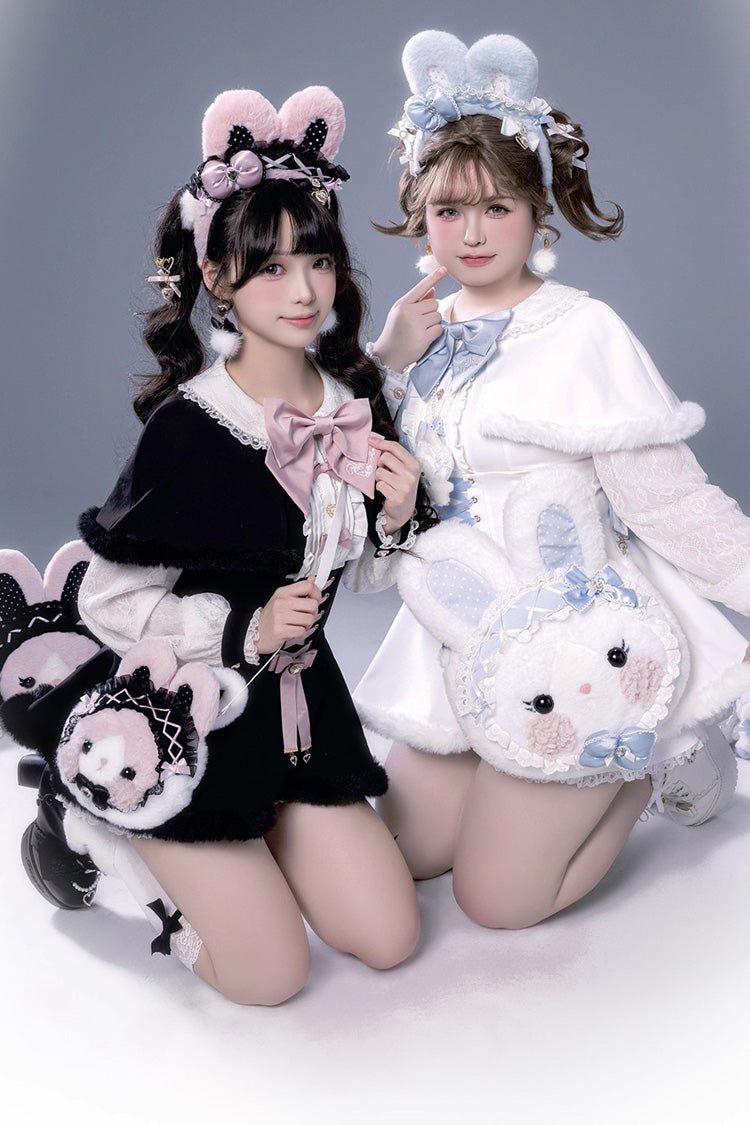 White Long Sleeve Ruffled Bow Lace-Up Jirai Kei Plush Set