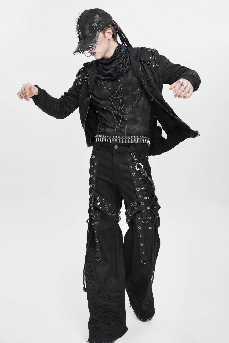 Noir Punk Baggy Pants with Mesh and Rips