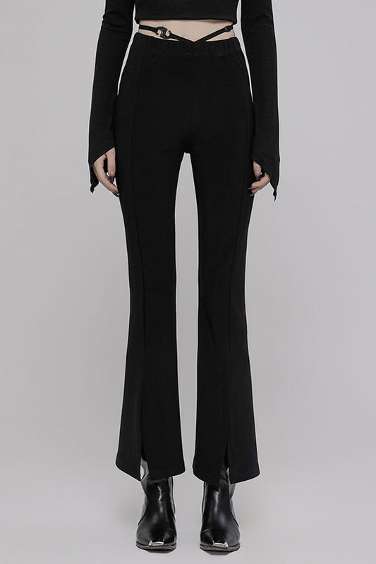 Women's Punk Pants with Hollow V-Shaped Decorative Bottom Slit Strap Micro Flare
