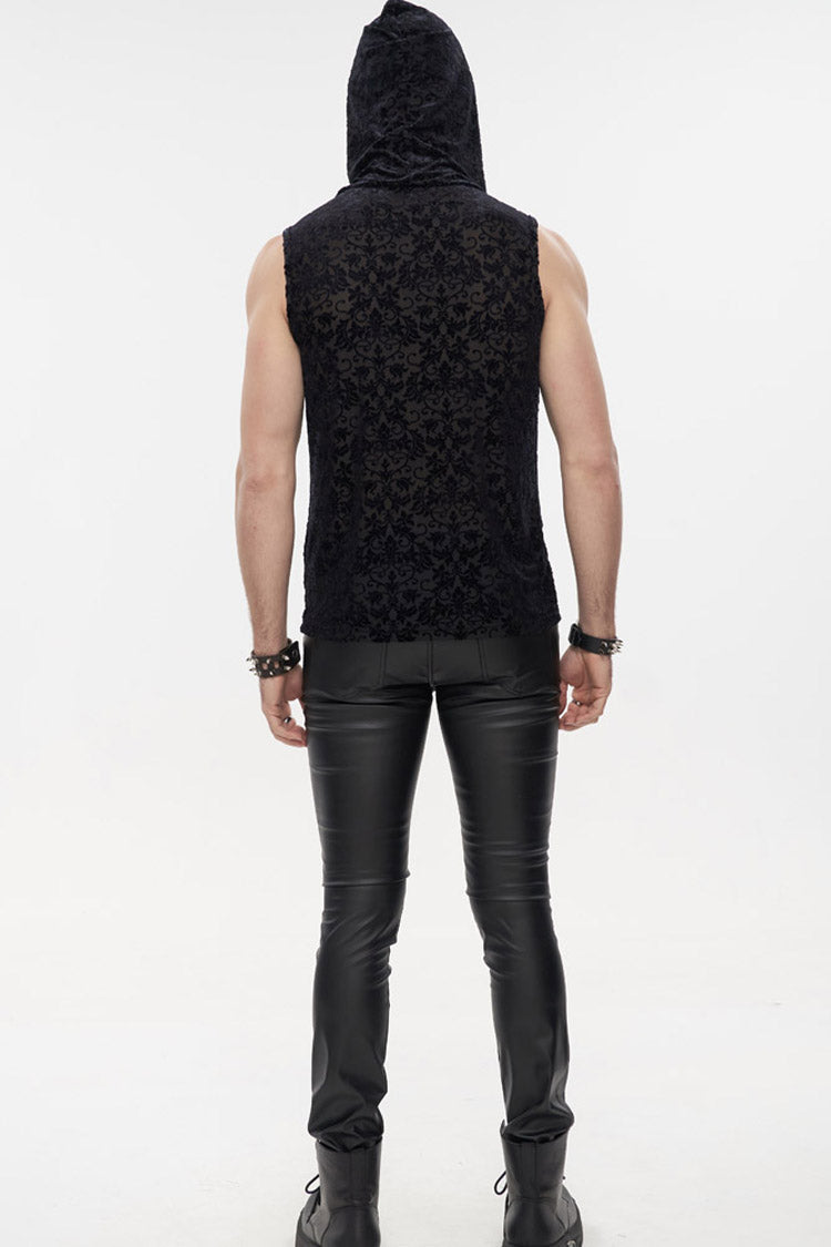 Velvet Jacquard Chest-Tie Sleeveless Punk Hoodie Shirt