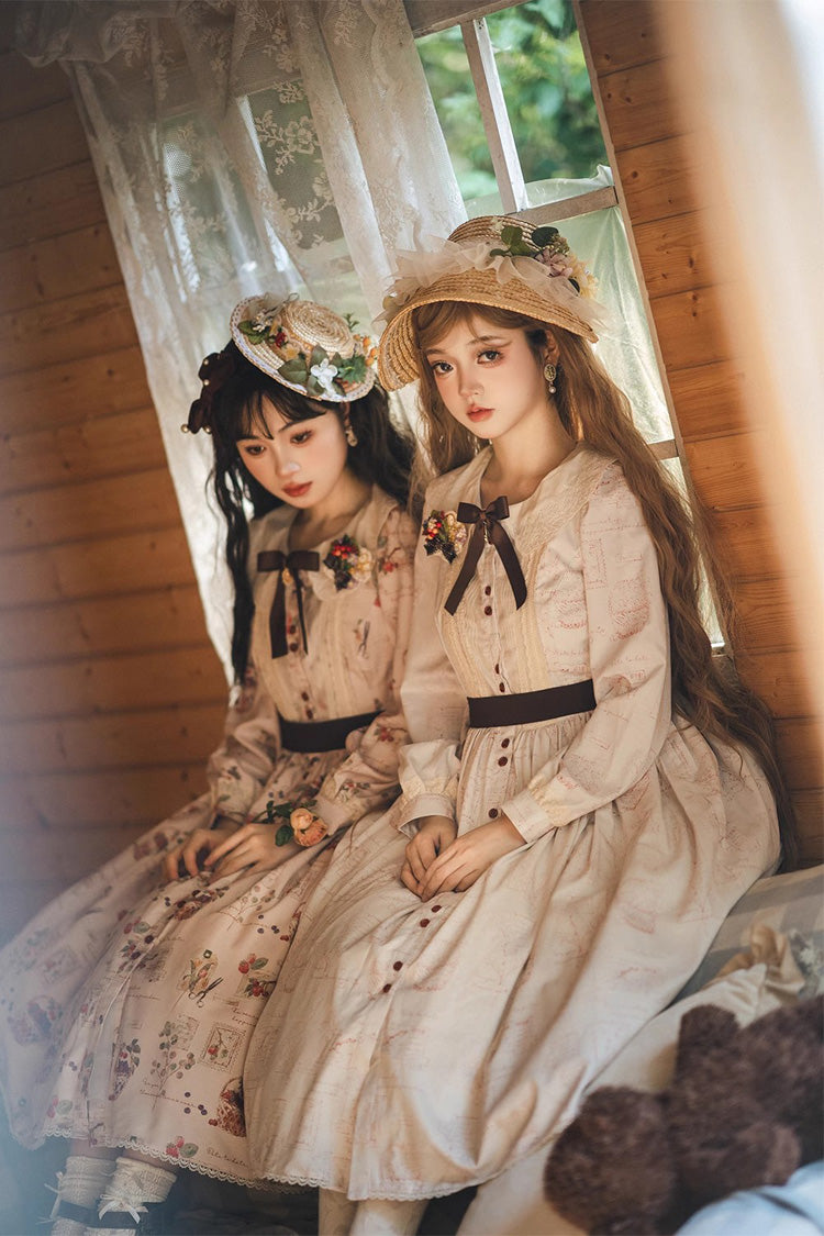 Lantern Sleeve OP Dress with Floral Print - Sweet Lolita
