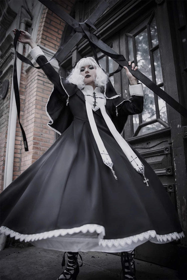 Long Sleeves Print Stitching Lace Gothic Elegant Lolita Dress