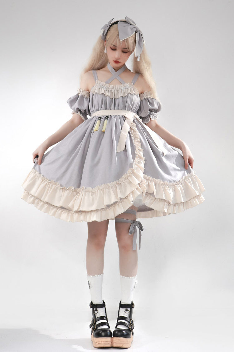 Sweet Lolita JSK Dress with Asymmetric Ruffle, High Waist, Grey Monet Estate