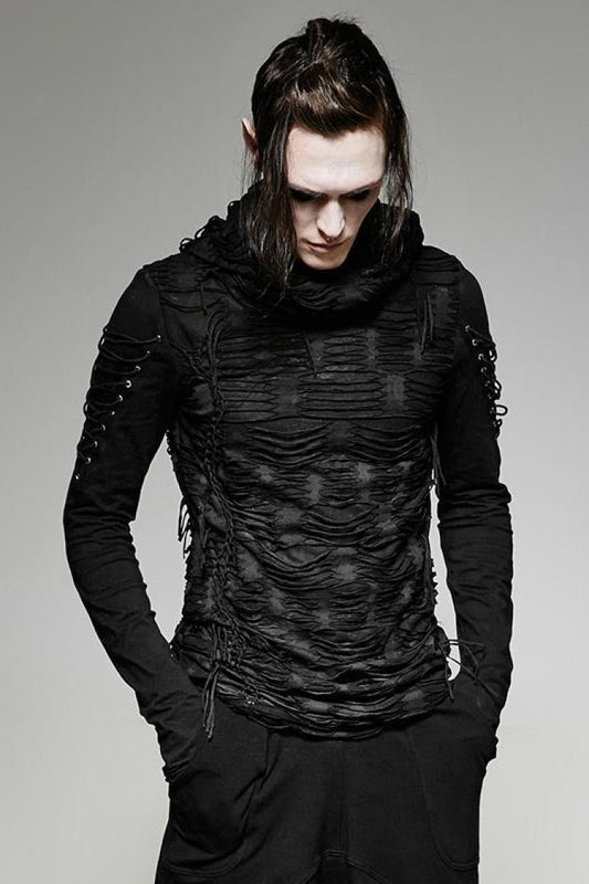 Men's Gothic Hooded Sweater with Ripped Details