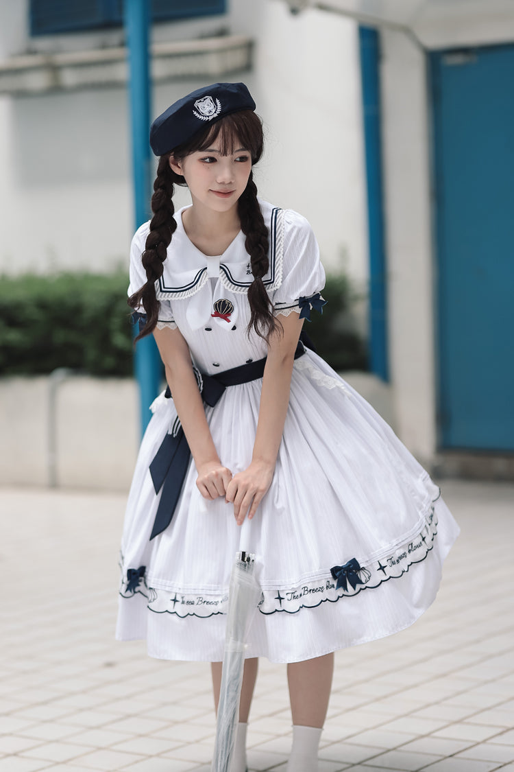 Navy Stripe Short Sleeve Ruffled Embroidery Sweet Lolita Dress
