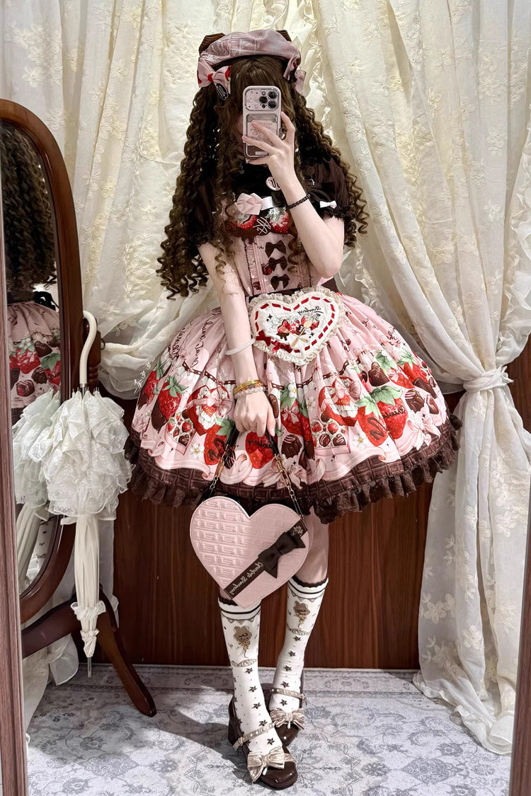 Rose Sleeveless Embroidered Bow Lace Lolita Strap Dress - Strawberry Chocolate Lover
