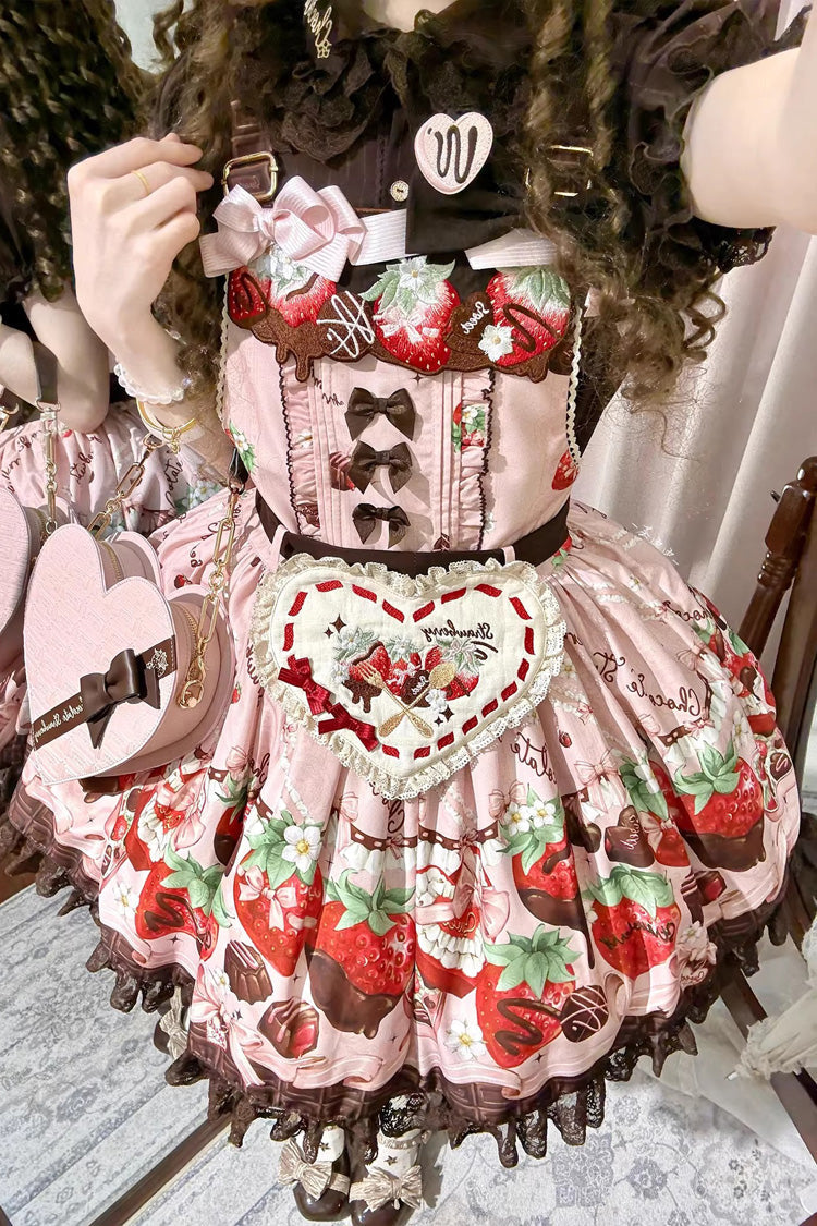 Rose Sleeveless Embroidered Bow Lace Lolita Strap Dress - Strawberry Chocolate Lover