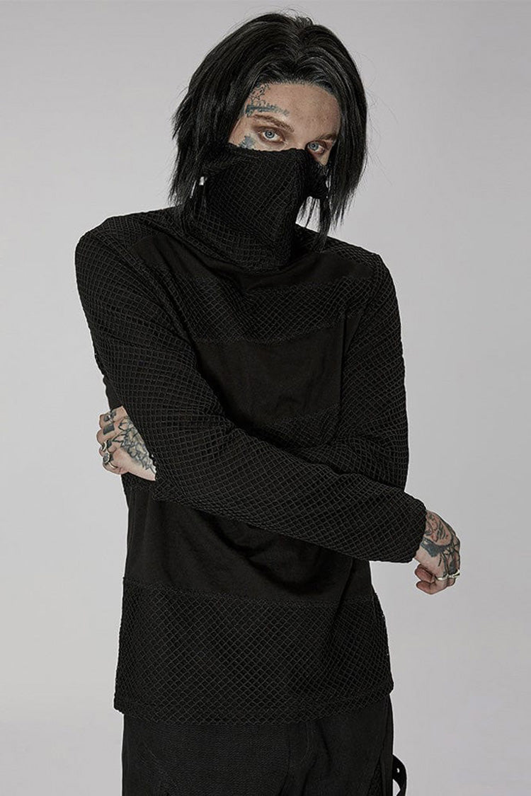 High-Collar Masked Mesh Long-Sleeve Punk Tee