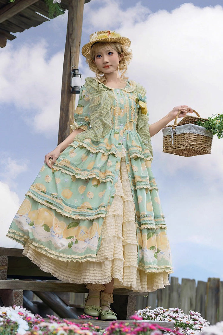 Triple-Layered Print Ruffled Bow Lace Sweet Gorgeous Lolita Dress - Green Lemon Chicken