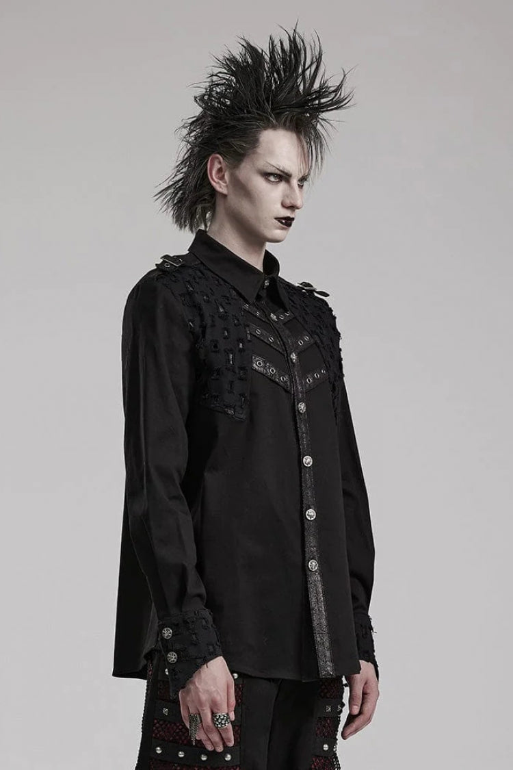Steampunk Blouse with Stitched Holes & Cutout Design for Men