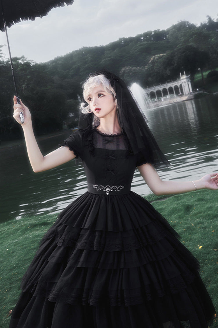 Layered Ruffle Gothic Lolita Dress with Twin Towers