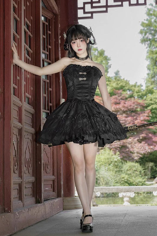 Gothic Lolita Skirt Set with Bamboo Dream, Dark Pattern, Ruffles and Multi-layer