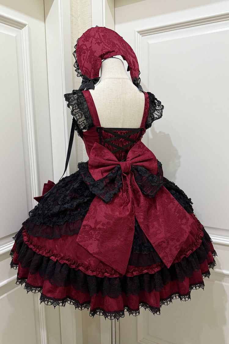 Crimson Ebony Sleeveless Ruffle Bow Lace Corset Gothic Ballet Jumper Dress - Rose Princess