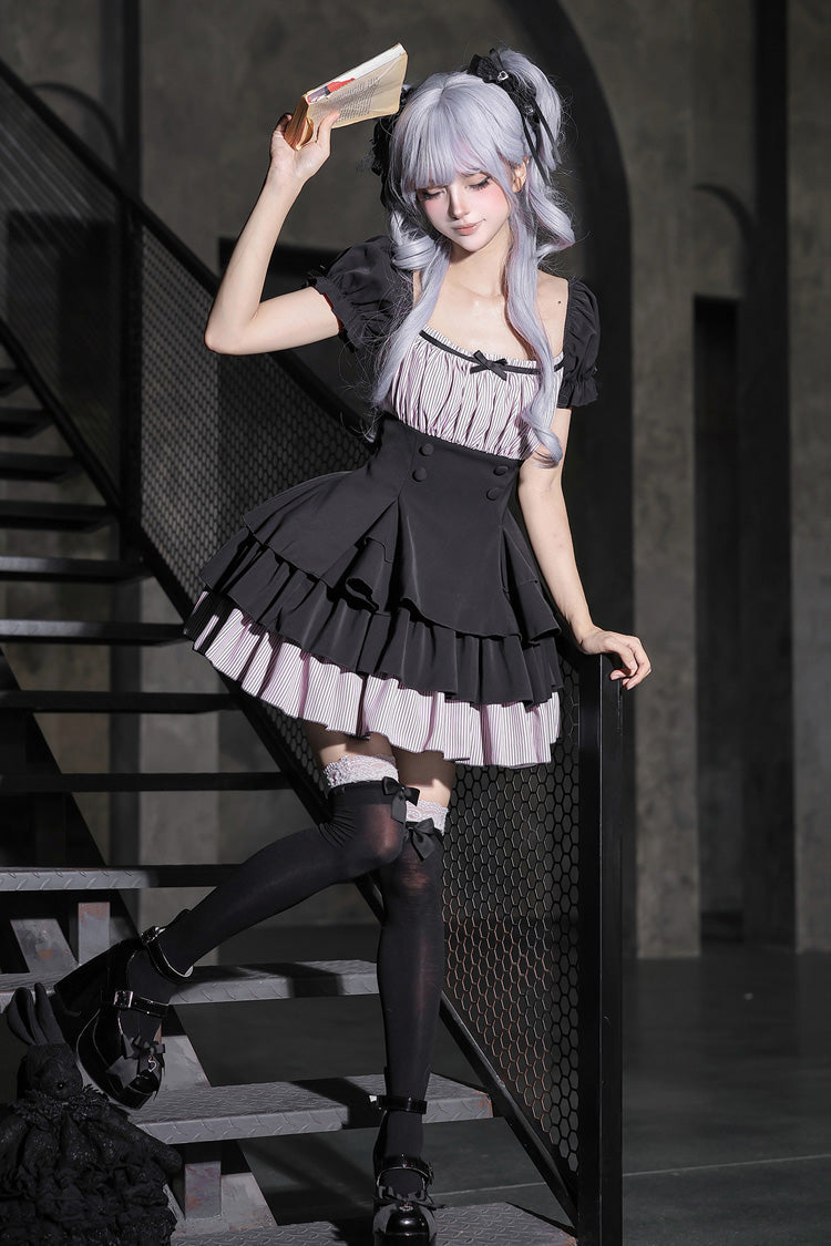 Halterneck Square Collar Ruffled Lolita Dress Set - Black/Grey