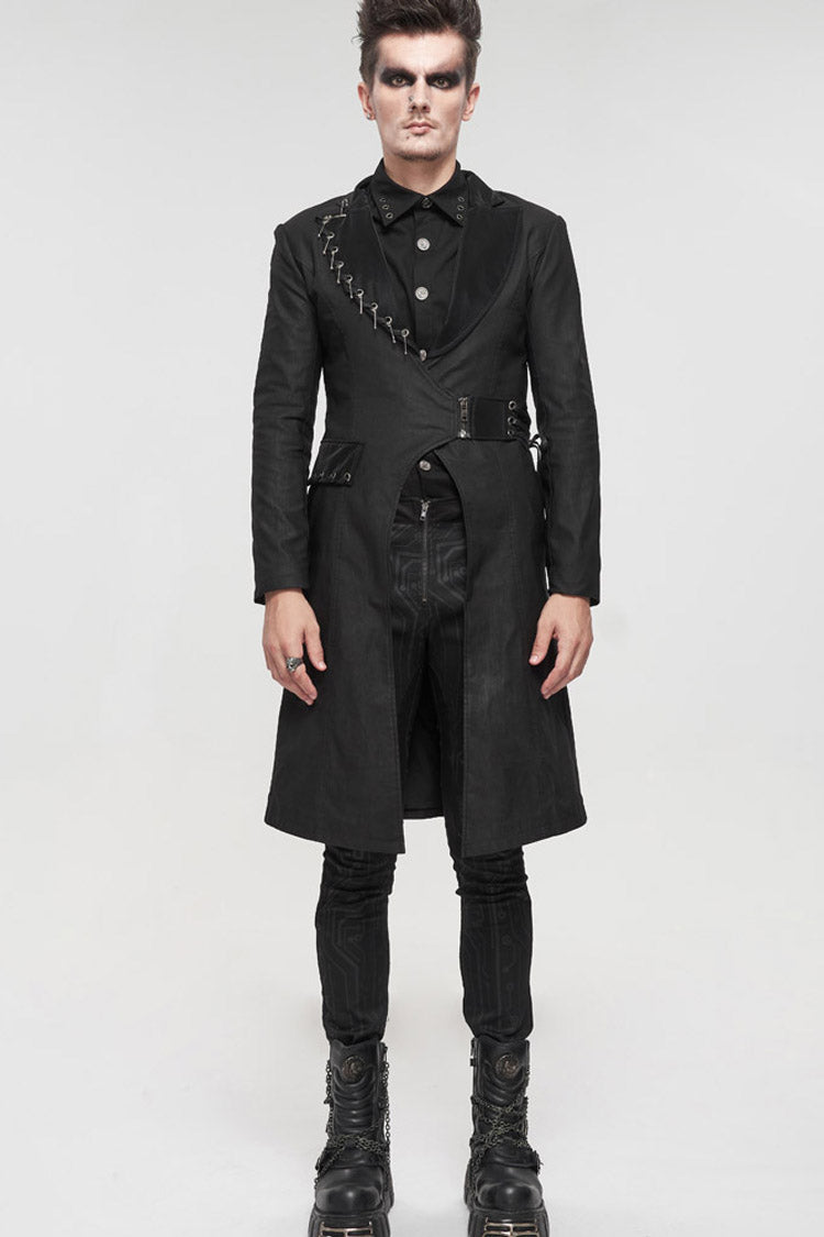 Twill Faux-Leather Pin-Decorated Drawstring Punk Overcoat