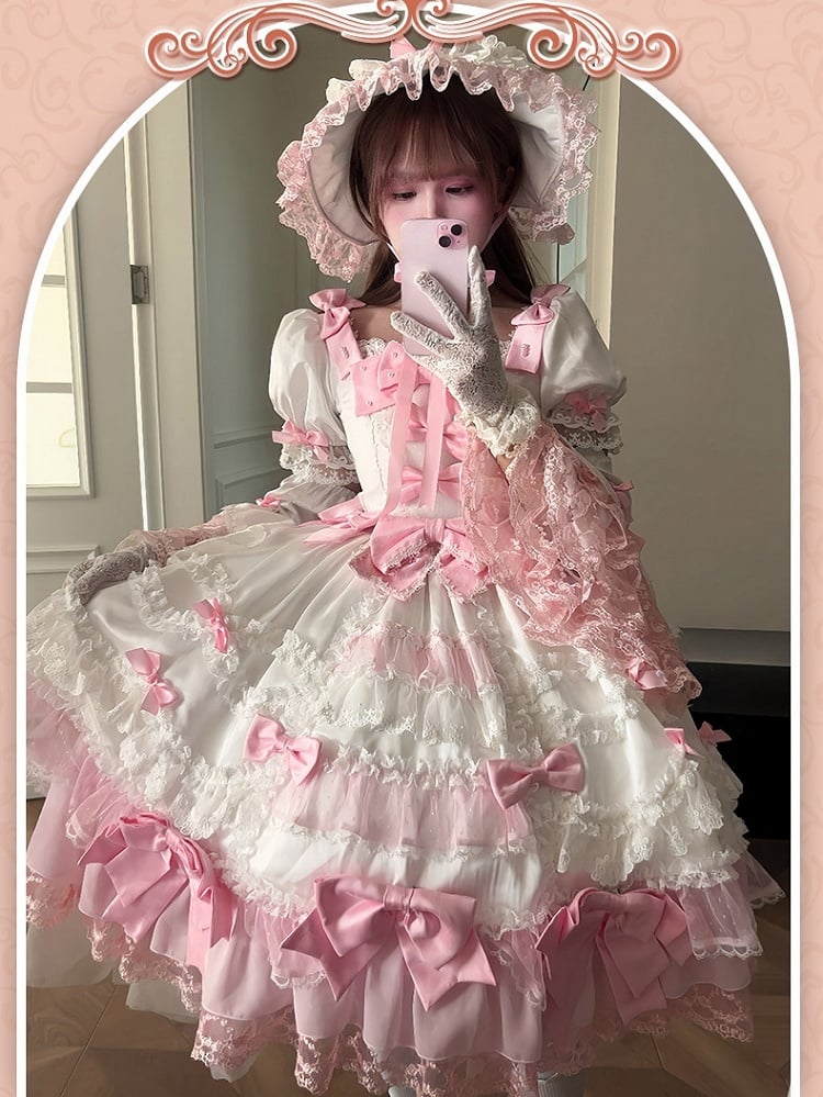 Detachable Dress High Pink Waist White Bow Sleeves with Princess Lolita Sweet Accents