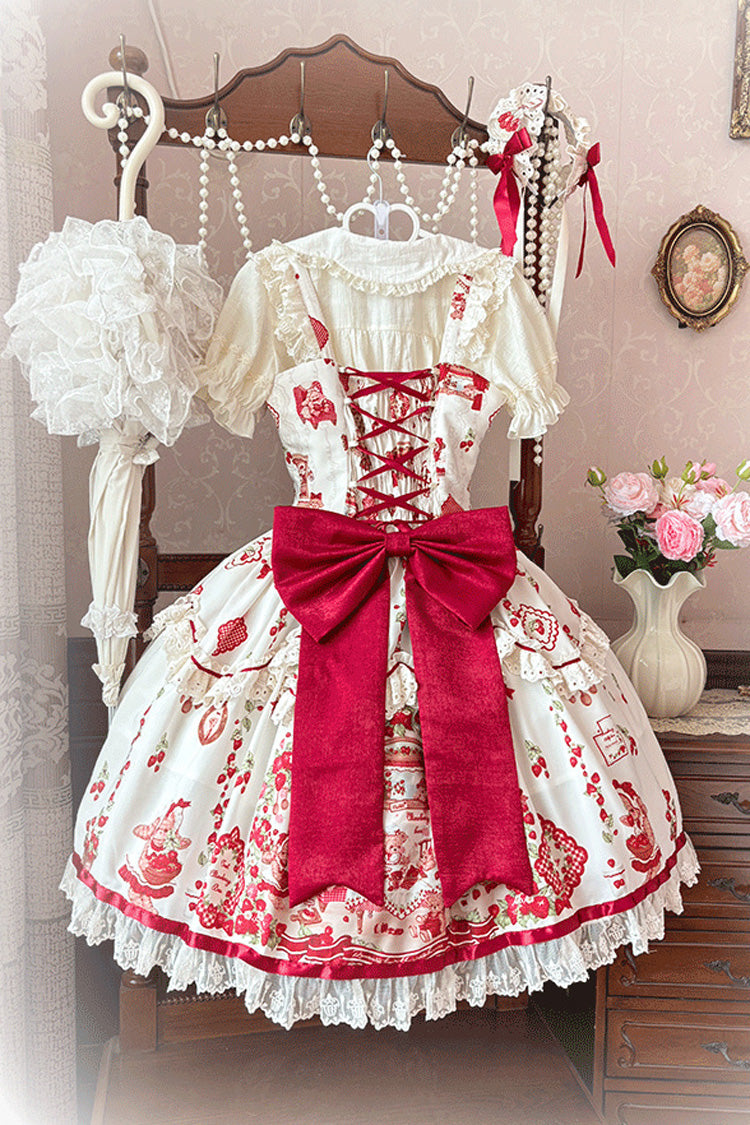 Ivory Scarlet Sleeveless Printed Ruffle Embroidered Bow Lace Sweet Jumper Dress - Strawberry Bear