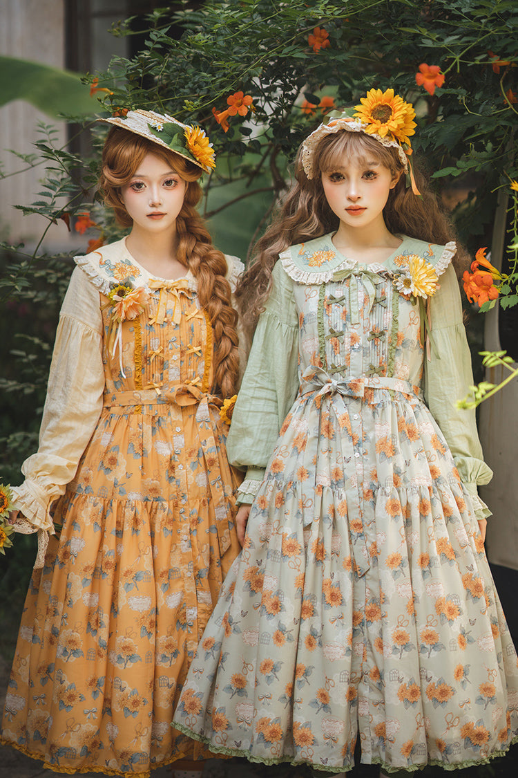 Yellow Sunflower Sleeveless Floral Bow Elegant Jsk Dress