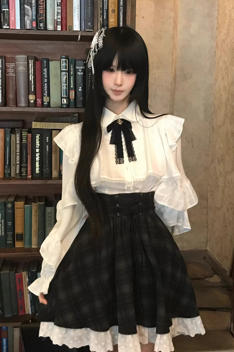 Monochrome Plaid Lace-Up Sweet Jirai Kei Skirt Set