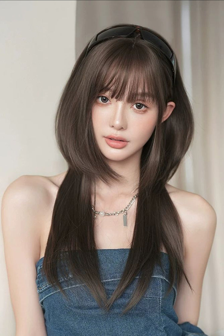 Hime Cut Long Straight Lolita Wig - High Layers Cool Brown