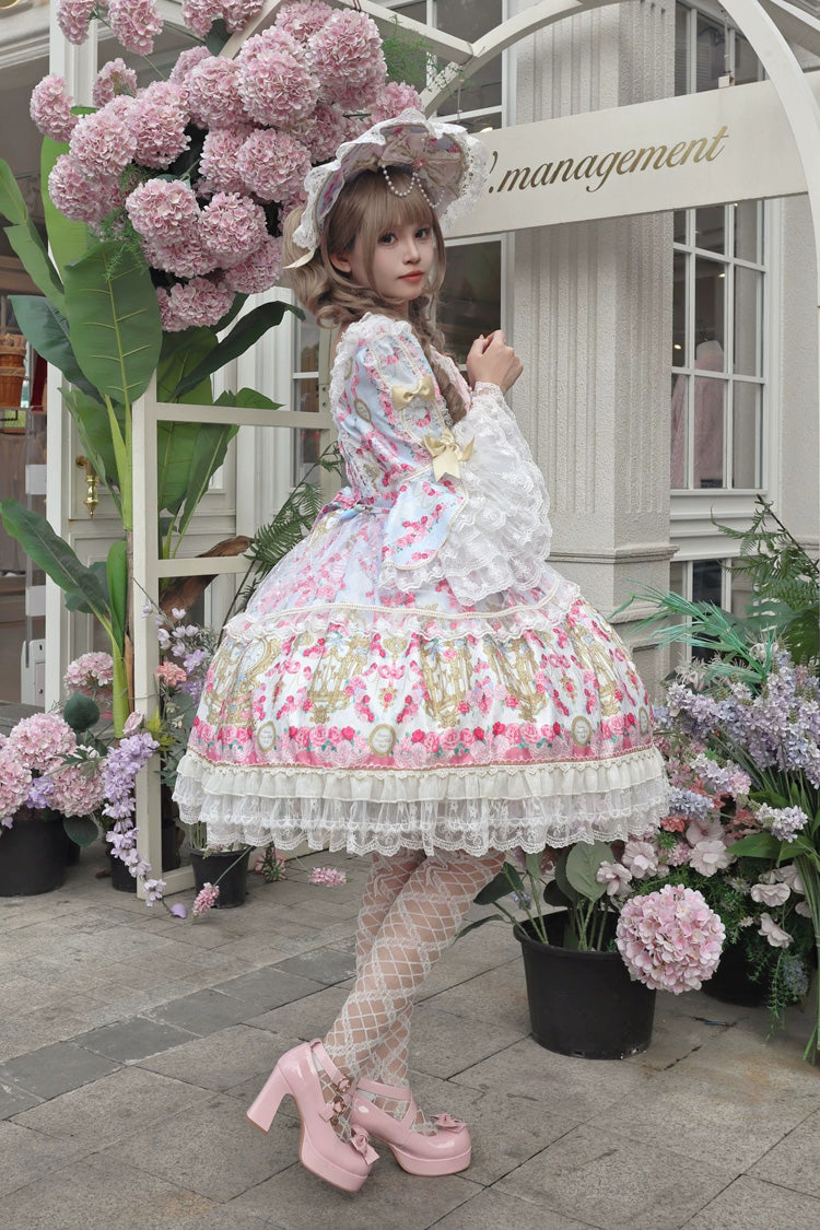 Blue/Pink [Rose Garden Prelude] Square Collar Long Trumpet Sleeves Printed Ruffled Bow Lace Lace-Up Sweet Lolita Dress